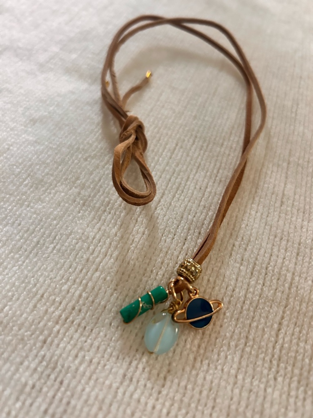 Gold Planet Charm Necklace with Blue and Green Beads - Women Jewelry